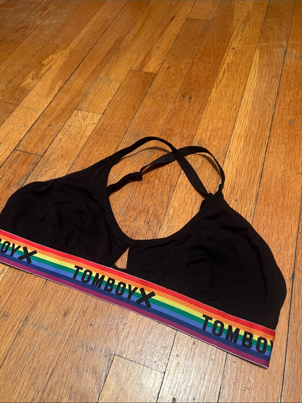 TomboyX Cross Strap Bralette in Black With Pride Strap, Size XL - Picture 4 of 10